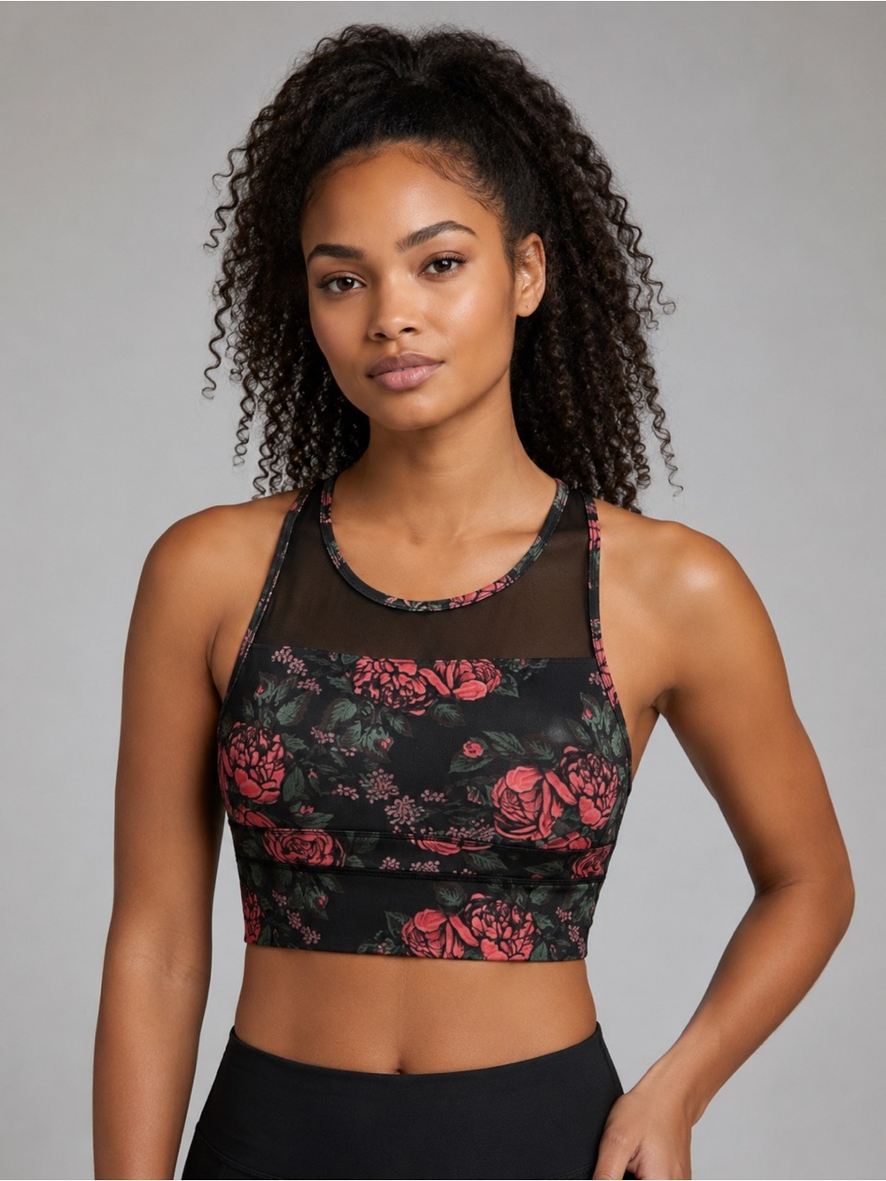 Zyia Active Floral Mesh-Panel Sports Bra Black Red Green Zip Back